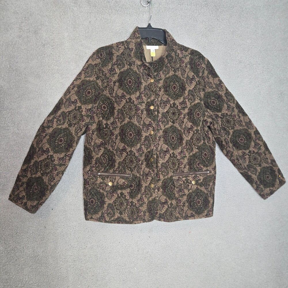 Charter Club Quilted Corduroy Jacket Womens XL Green Paisley Snap Front Coat
